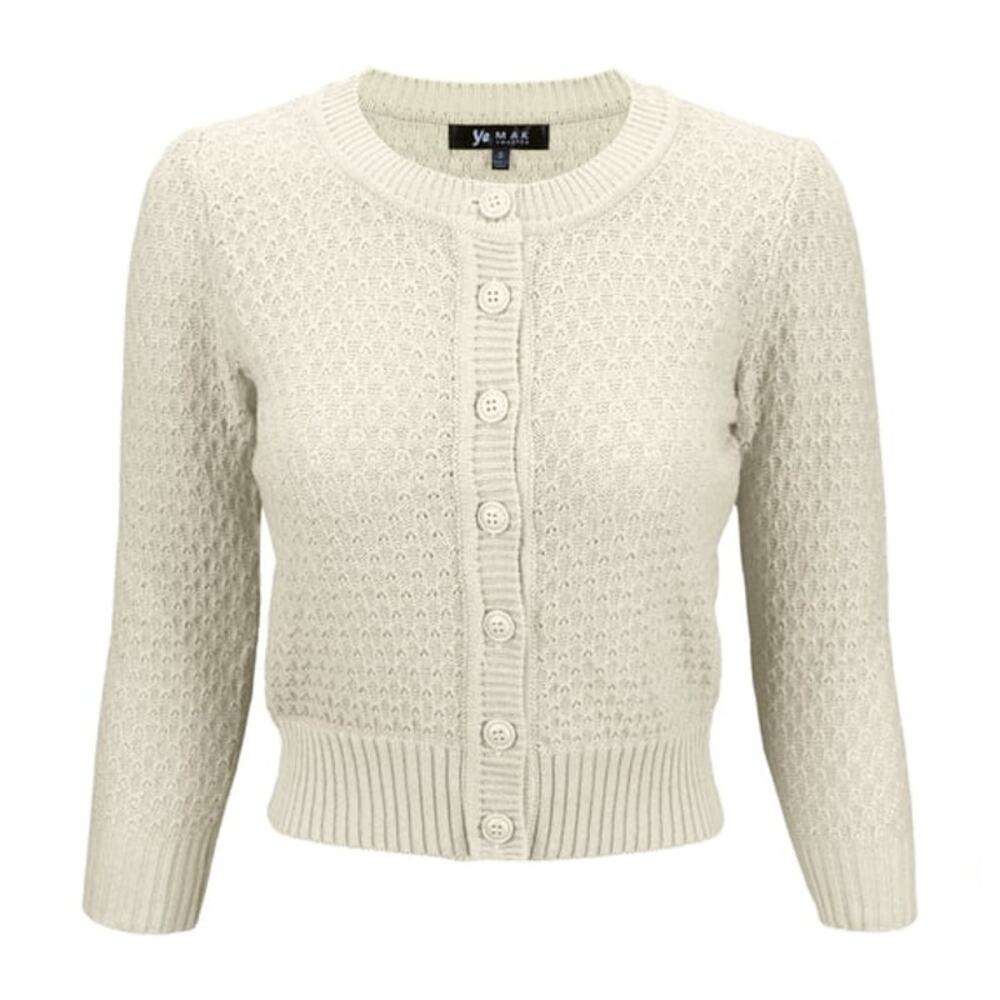 YEMAK Women Crewneck Button 3/4 Sleeve Cropped Cardigan Sweater Oatmeal Cream L
